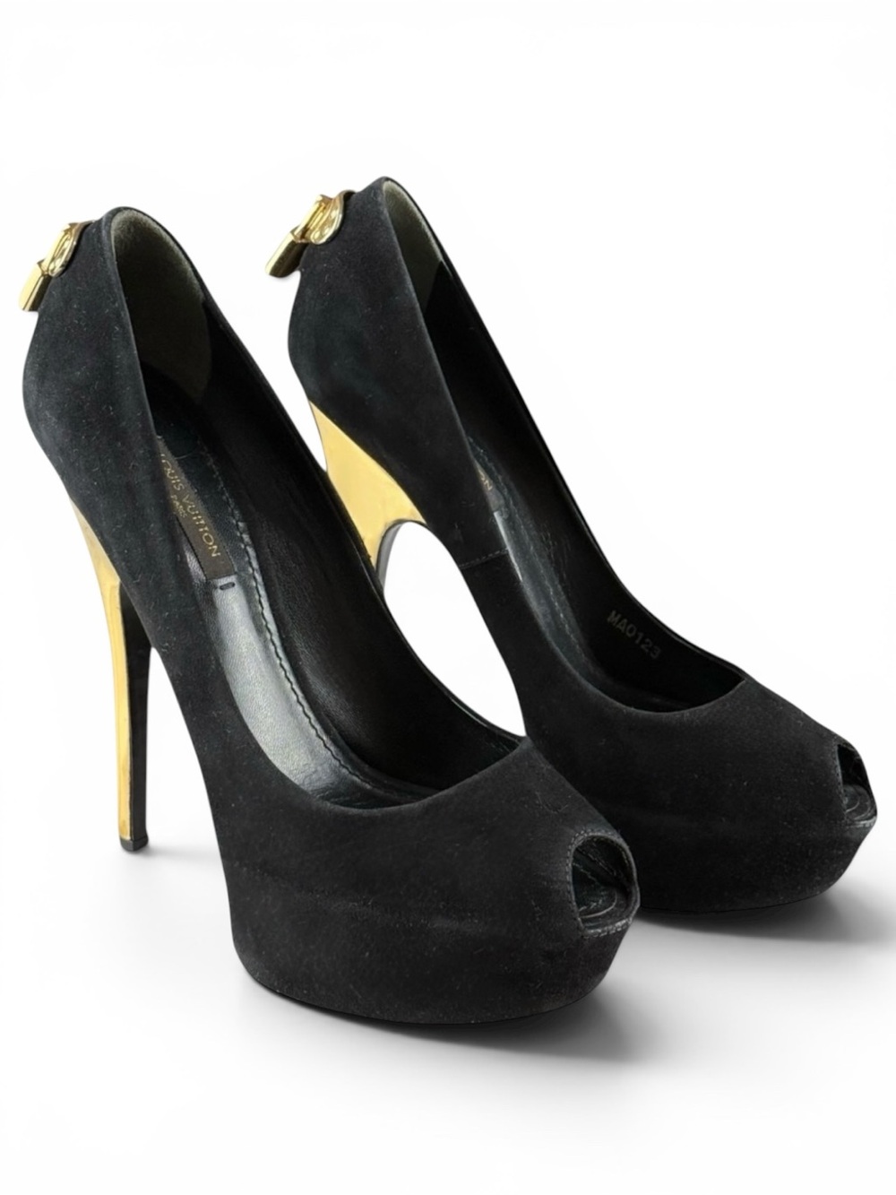 Louis Vuitton Black Suede Platform Peep Toe Pumps with Gold Heel  Size 36